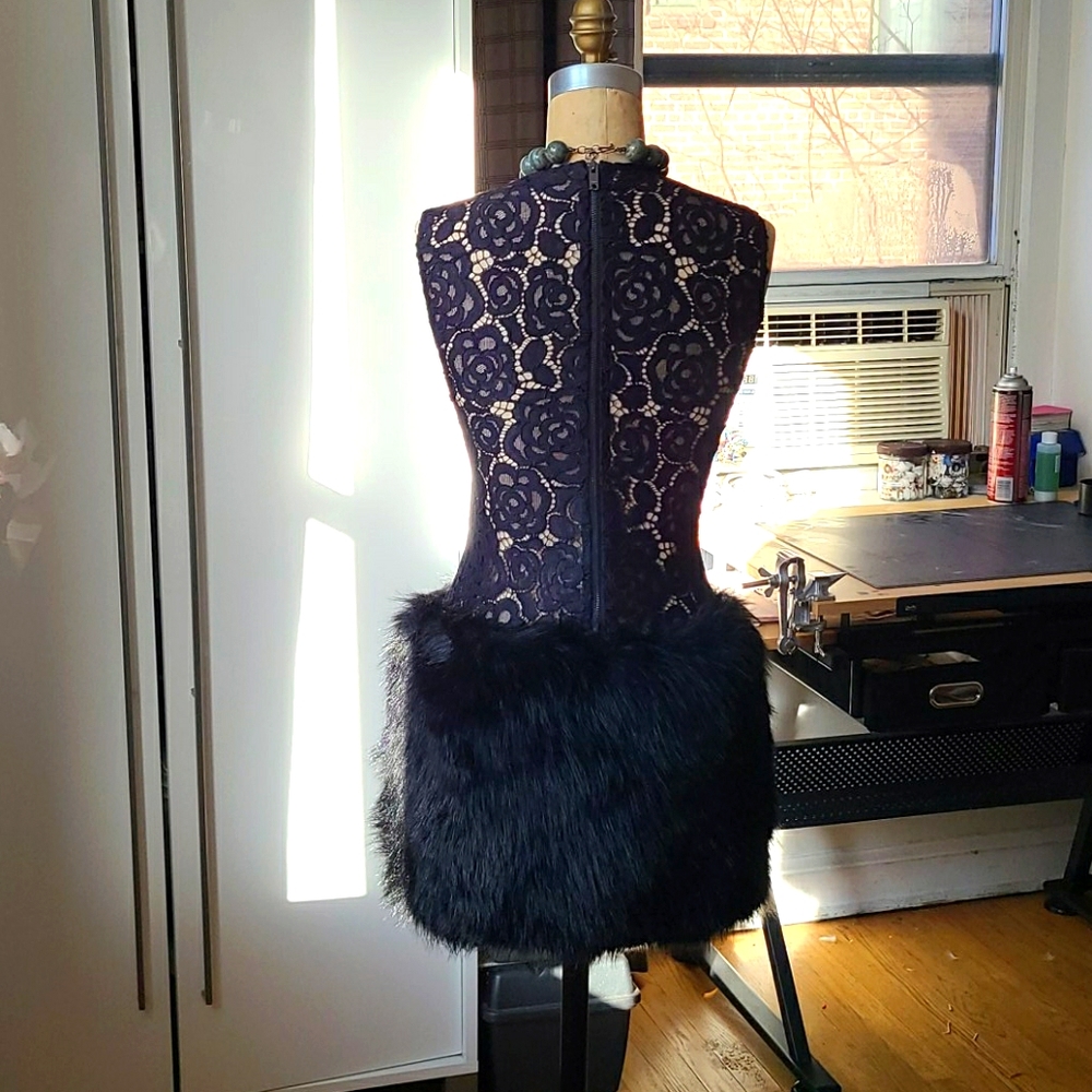 Evening mini dress. Black, wool/lace and faux fur.